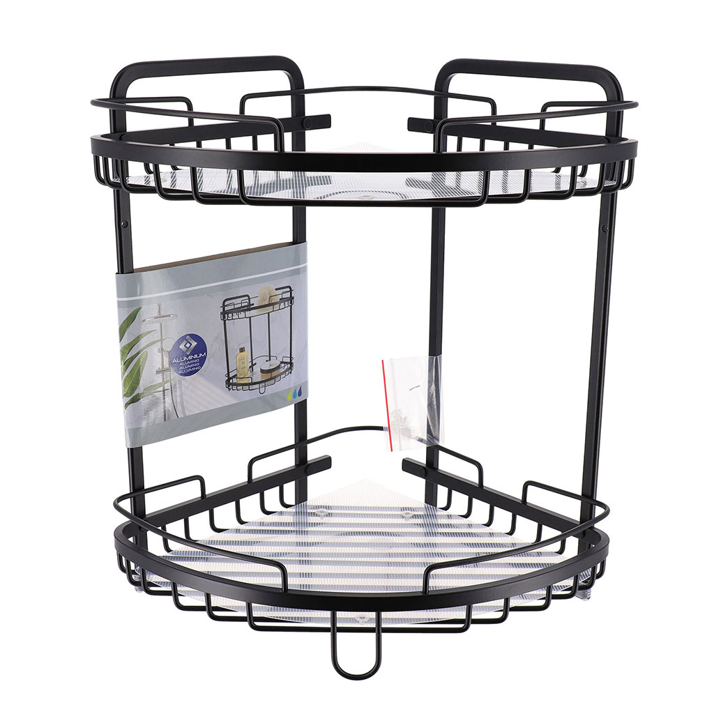Etagère d'angle de douche 2 paniers à ventouses noir 32.5x36x24cm