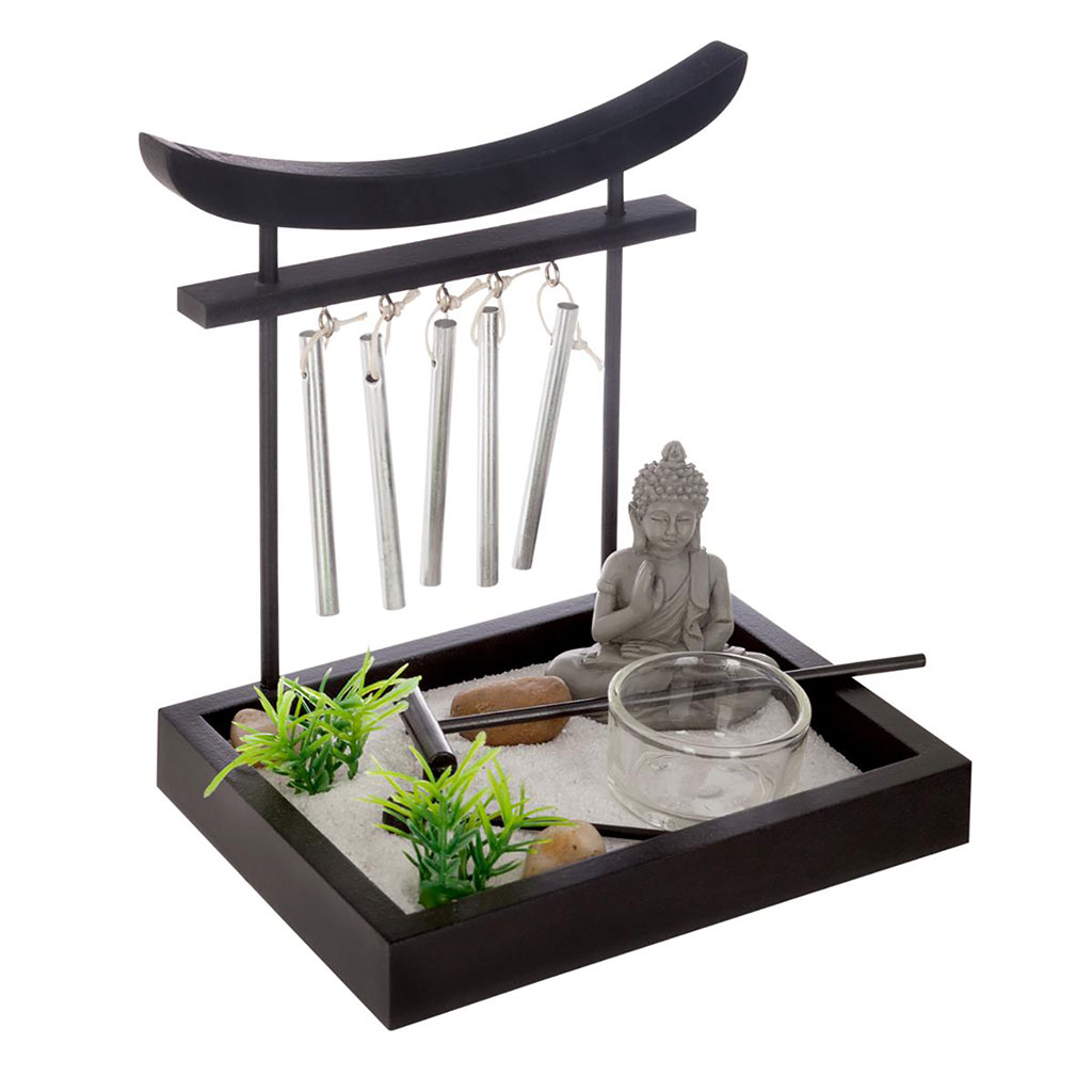 Jardin zen japonais miniature sable bouddha et carillon 15x12cm - Centrakor