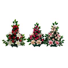 Jardinière de boutons de roses lys et ficus 22 têtes polyester 33x53cm