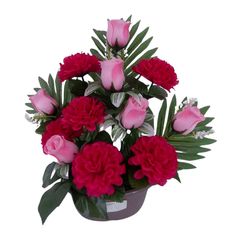 Jardinière de roses et chrysanthèmes 12 têtes tergal 23x36cm