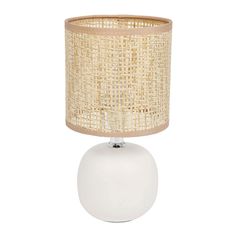 Lampe à poser boule ronde céramique et abat-jour bambou blanc D 13cm