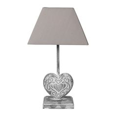 Lampe bois rectangulaire cœur et abat-jour grise H 45cm