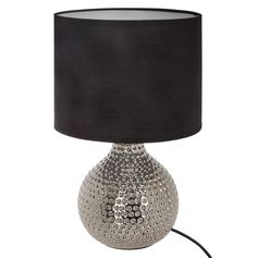 Lampe céramique martelé goutte argentée abat-jour noir H 38cm