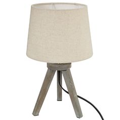 Lampe en bois trépied abat-jour lin H 30.5cm