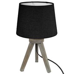 Lampe en bois trépied abat-jour noir H 30.5cm