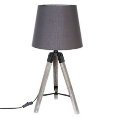 Lampe trépied bois abat-jour gris H 58cm