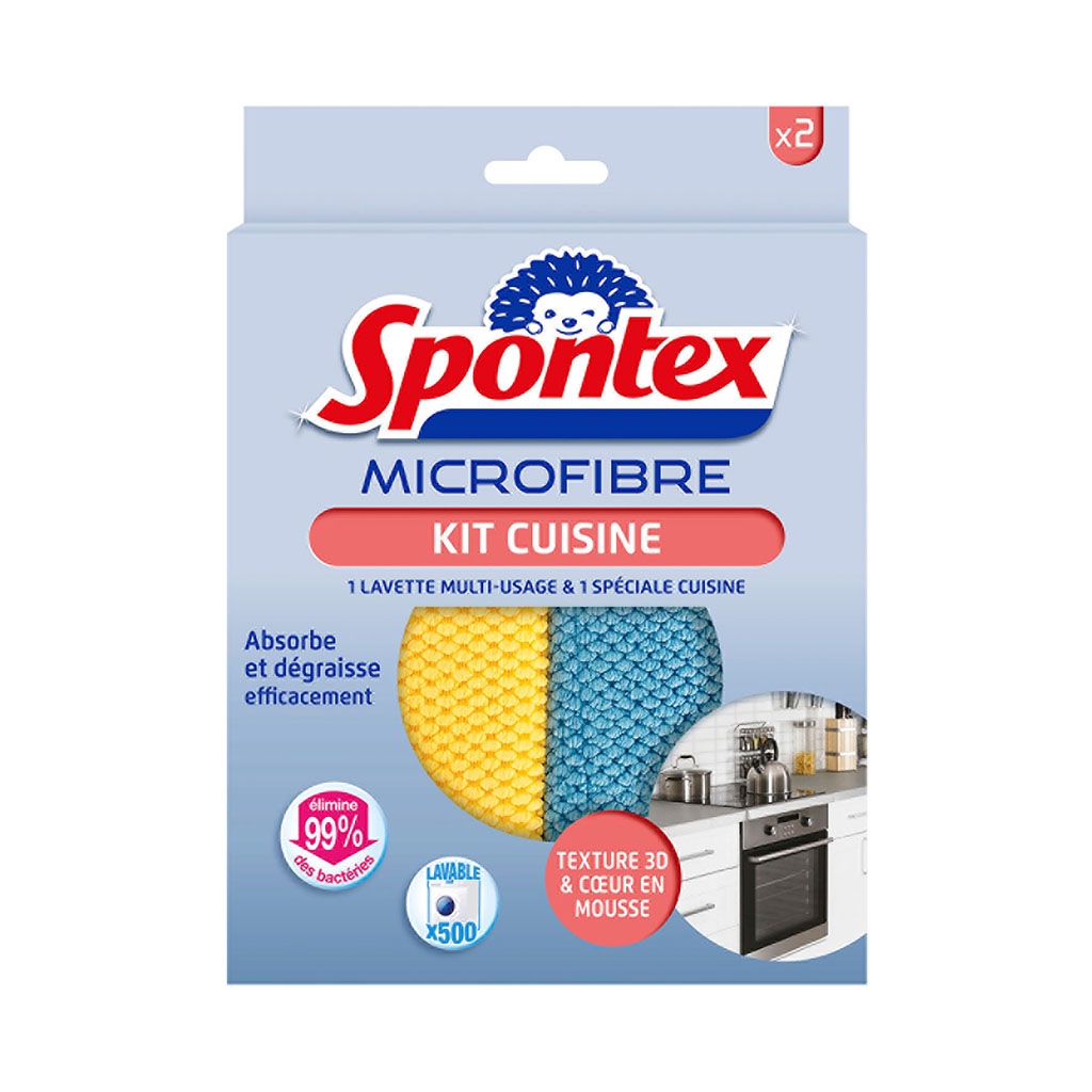 Lot de 2 lavettes cuisine microfibre 32x32cm - SPONTEX - Centrakor
