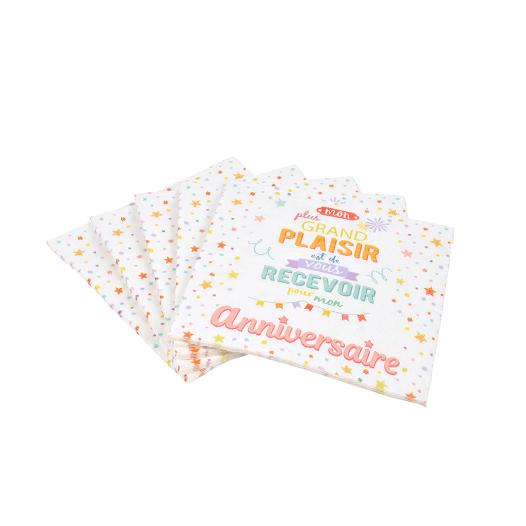 Lot de 20 Serviettes en papier Ballons colorés gonflables et serpentins,  33x 33cm, 3 plis - Décoration de table d'anniversaire - Creavea