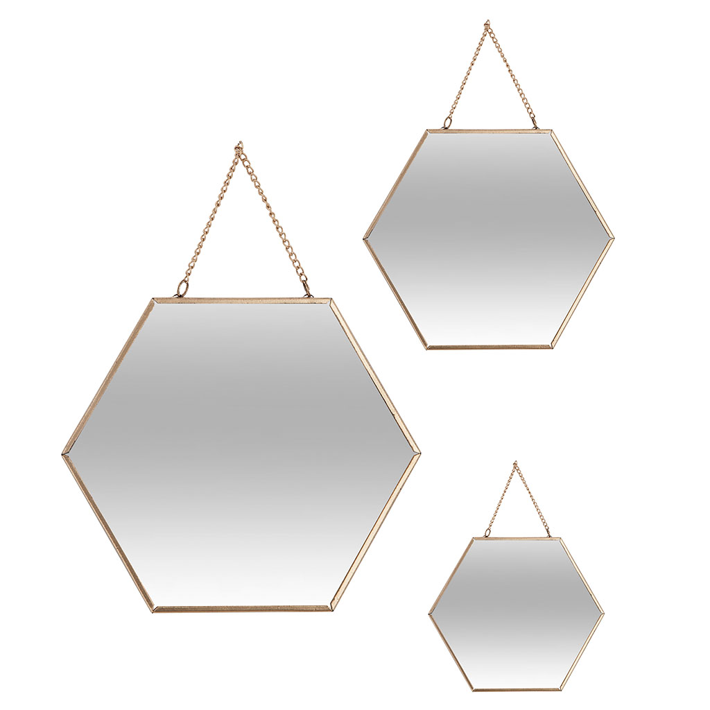 Lot de 3 miroirs hexagonaux métal doré à suspendre