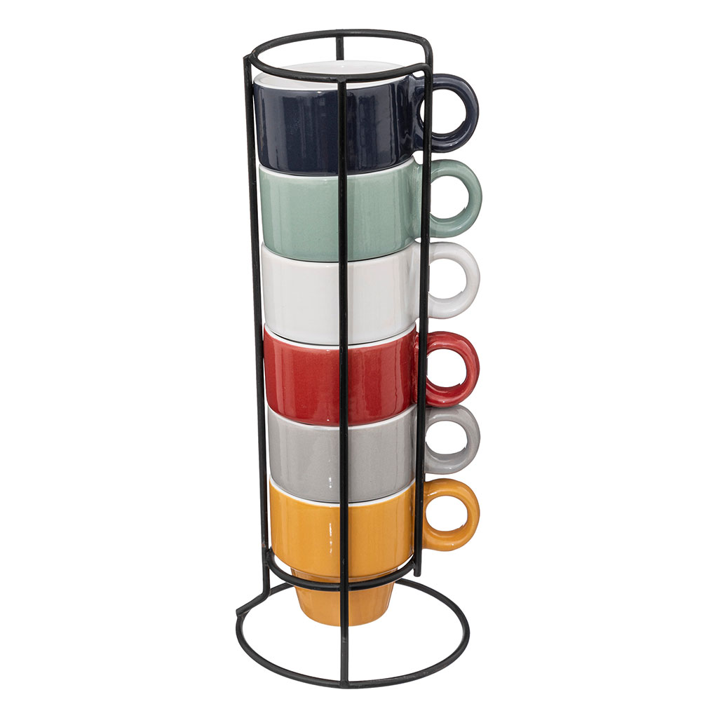 Lot de 6 tasses à expresso multicolores et rack métal