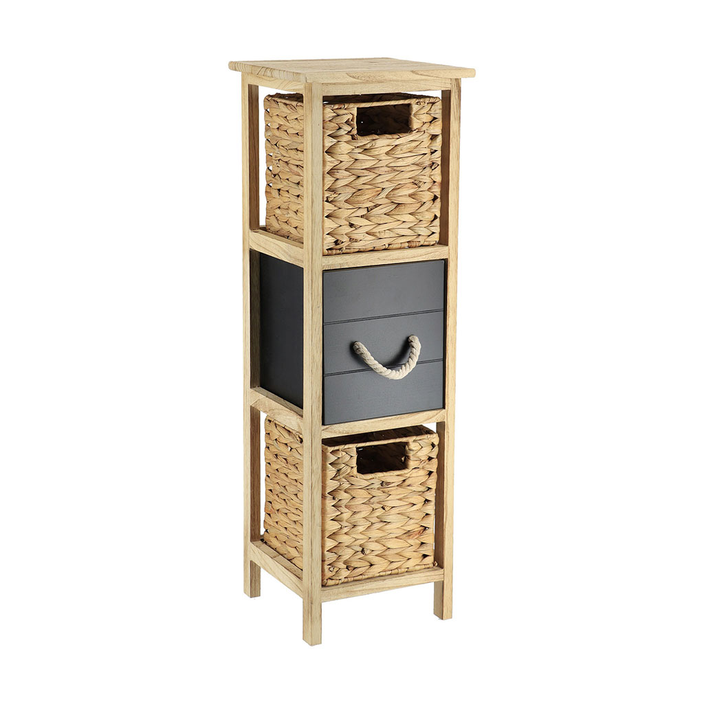 Meuble de rangement paulownia 3 tiroirs osier et bois noir 25x77x25cm