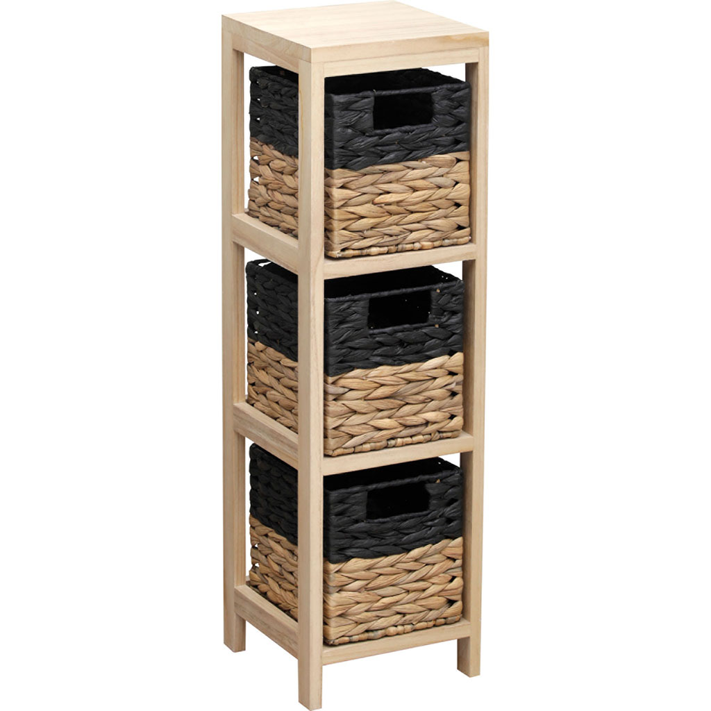 Meuble de rangement salle de bain 3 paniers noir naturel 22x73.5x22cm