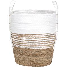 Panier à linge avec anses roseau tressé blanche rayée 34x37x34cm