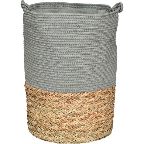 Panier à linge avec anses roseau tressé et coton gris 37x50x37cm