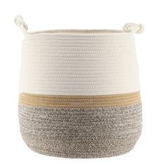 Panier à linge avec anses roseau tressé et coton gris et blanc 37x33cm