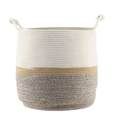 Panier à linge avec anses roseau tressé et coton gris et blanc 42x40cm