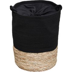 Panier à linge avec anses roseau tressé et coton noir 33.5x45x33.5cm