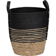 Panier à linge avec anses roseau tressé noire rayée 34x37x34cm