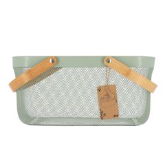 Panier de rangement rectangulaire grille métal double anse bambou kaki