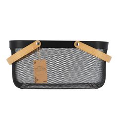 Panier de rangement rectangulaire grille métal double anse bambou noir