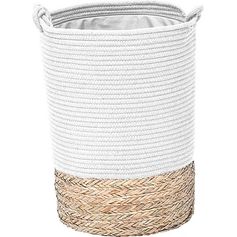 Panier à linge avec anses roseau tressé et coton blanc D 33.5x45cm