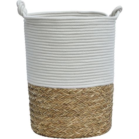 Panier à linge avec anses roseau tressé et coton blanc D 33.5x45cm -  Centrakor