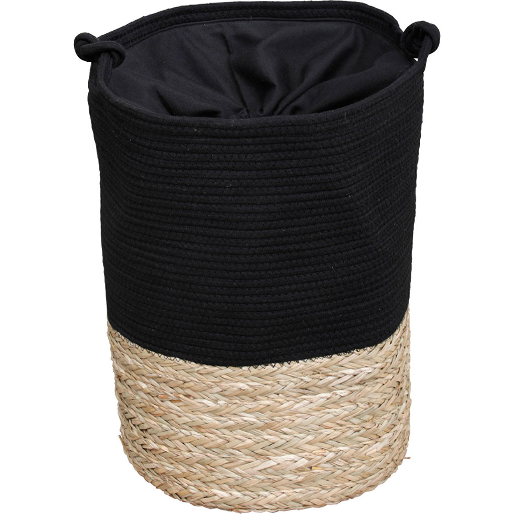 Panier à linge avec anses roseau tressé et coton noir D 37x50cm