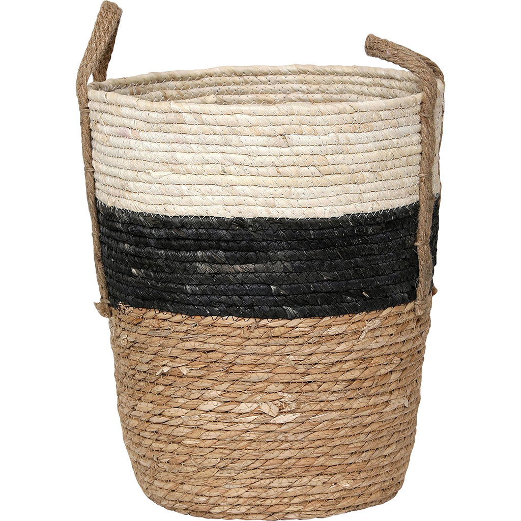 Panier à linge avec anses roseau tressé et coton noir D 37x50cm