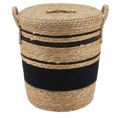 Panière linge couvercle noir osier naturel 38x32cm