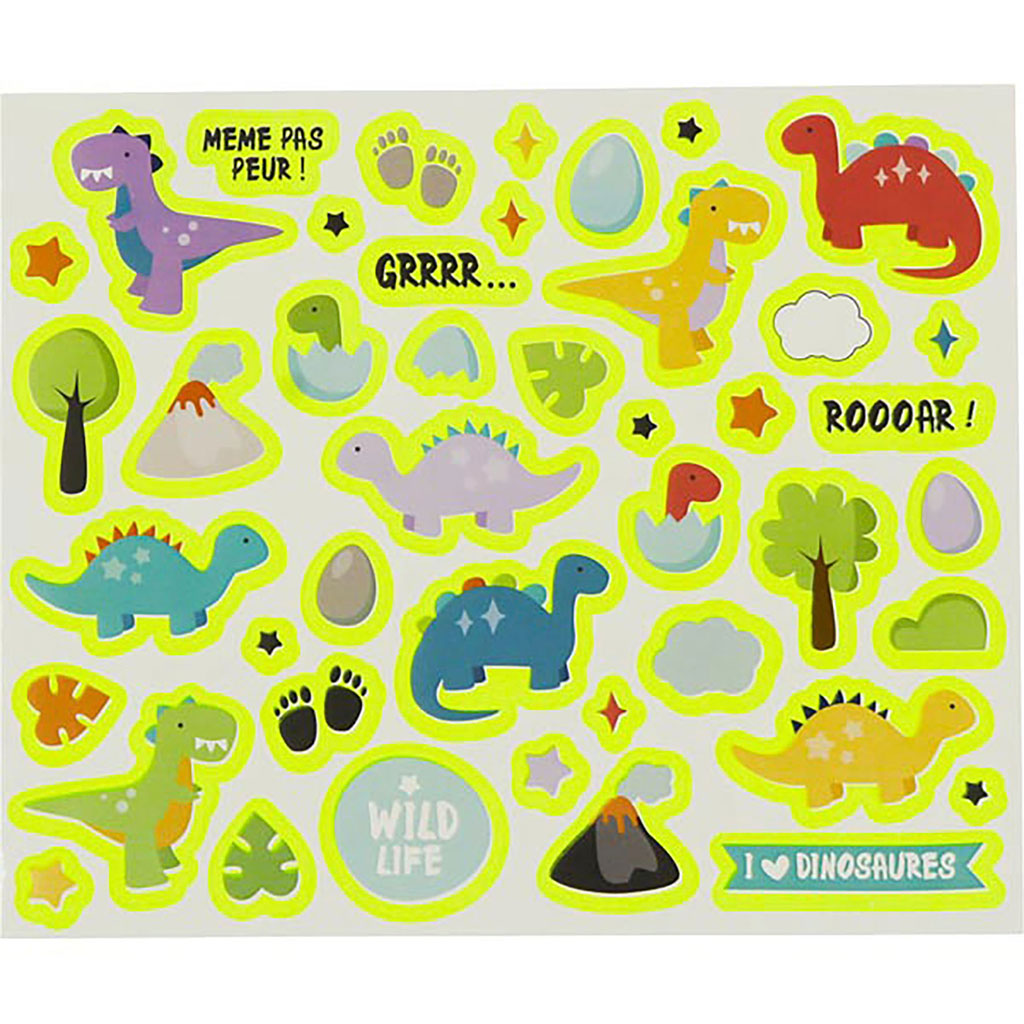 Planche de 180 gommettes dinosaures phosphorescentes