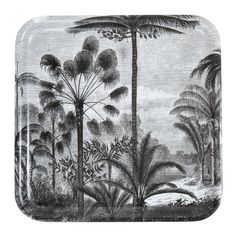 Plateau carré mélamine imprimé tropical noir et blanc 33x33cm