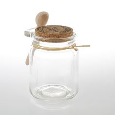 Pot verre avec couvercle liège et cuillère bois D 8x7cm