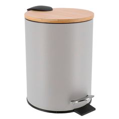 Poubelle à pédale métal gris et bambou 3L