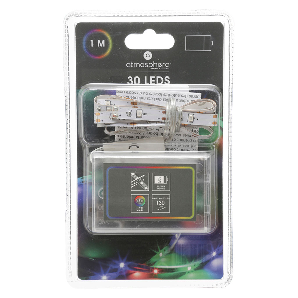 Ruban LED à piles lumière fixe multicolore 1m