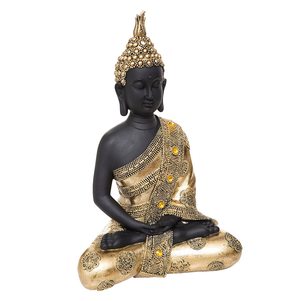Statue bouddha assis polyrésine noir et doré H 34cm Centrakor