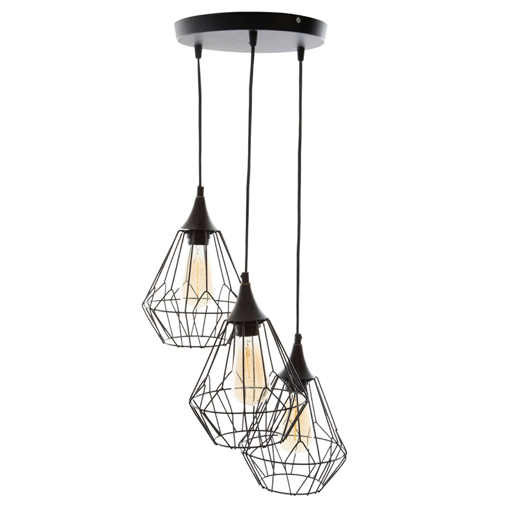 Suspension métal noir 3 lampes 24.5x80cm
