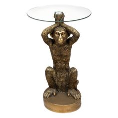 Table à café pied statue Singe et plateau verre D 40x52cm