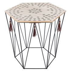 Table d'appoint ethnique hexagonale KUMI à pompons 43.5x38x40cm