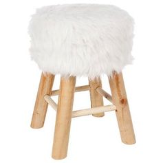 Tabouret style scandinave pieds en bois assise fausse fourrure blanche D 30x42cm