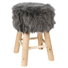 Tabouret style scandinave pieds en bois assise fausse fourrure grise D 30x42cm