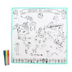 Tapis à colorier lavable carte du monde avec feutres 50x50cm