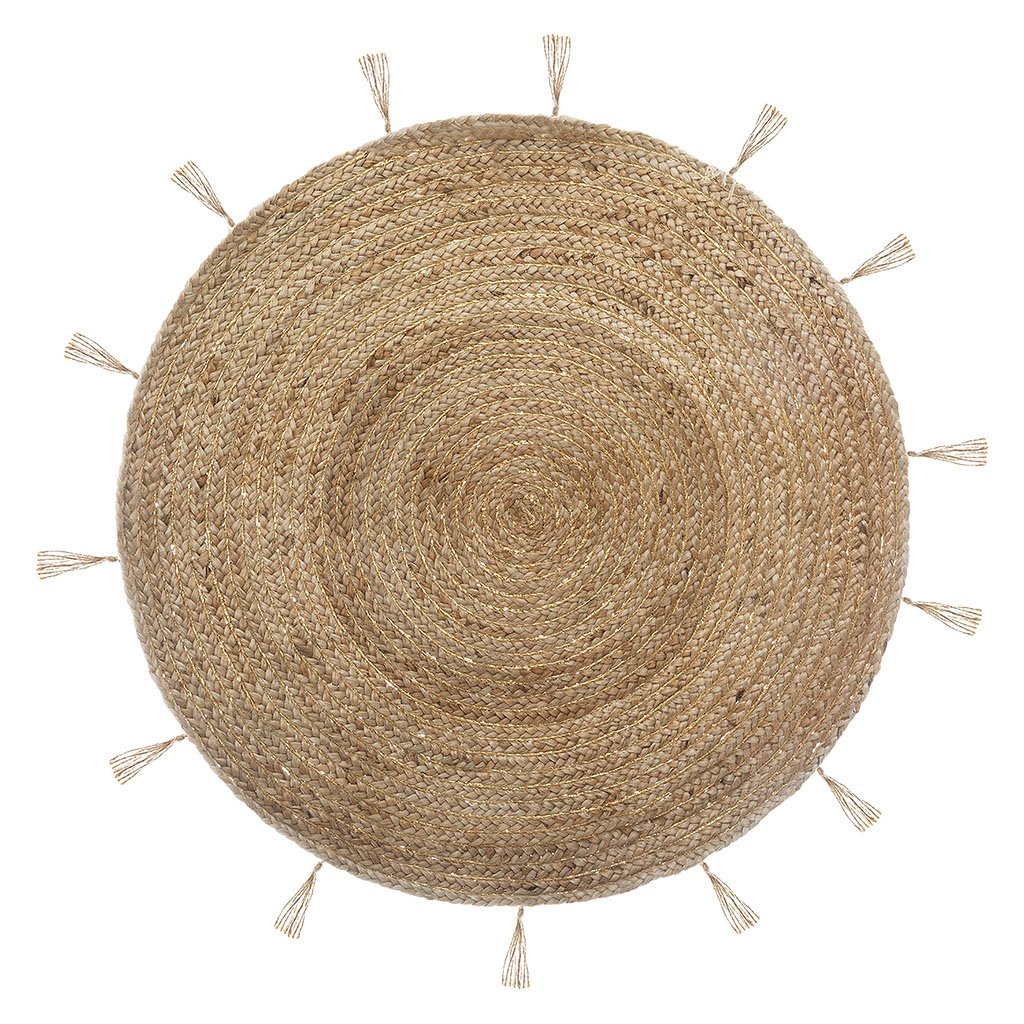 Tapis rond à franges jute lurex doré D 80cm