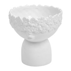 Vase visage et fleurs céramique blanc 16x16cm