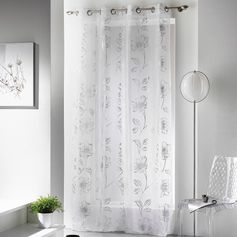 Voilage à oeillets polyester impression fleurs argentées blanc 140x240cm