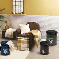 Fauteuil club marron avec plaid et coussins à carreaux jaunes et bidons en métal