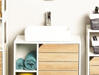 Meuble Bas Bambou avec Panier à Linge meuble salle de bain / bac à linge
