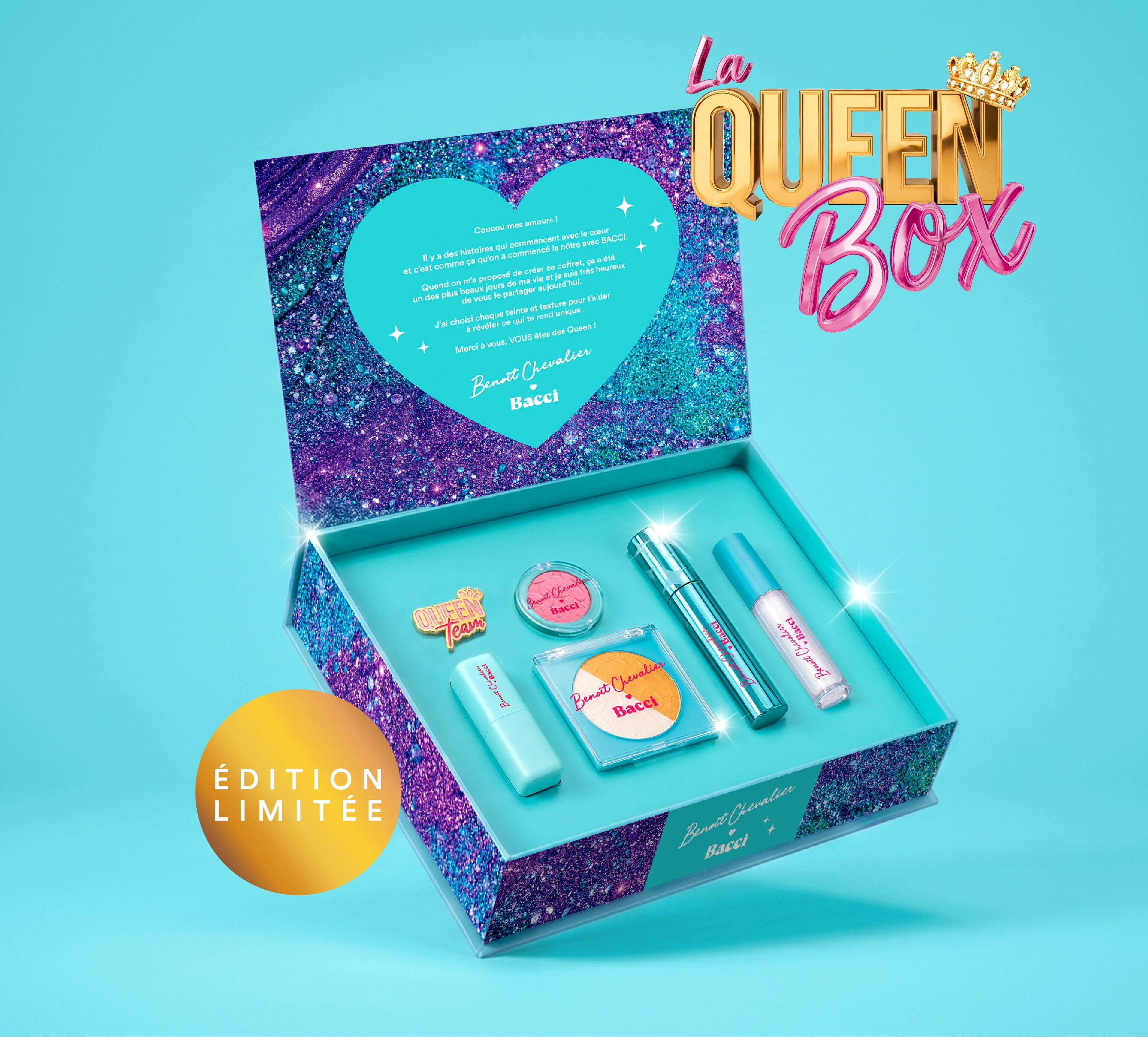 Coffret Queen Box ouvert présentant ses six produits de maquillage, édition limitée
